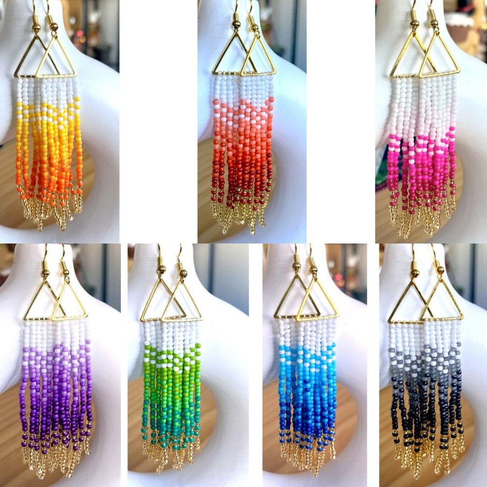 Gradient Colors Gold Triangle Body Hand Beaded Seed Bead Tassel Dangle Earrings